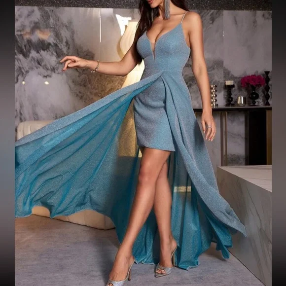 Luxe slit thigh mermaid hem lace up back party formal dress